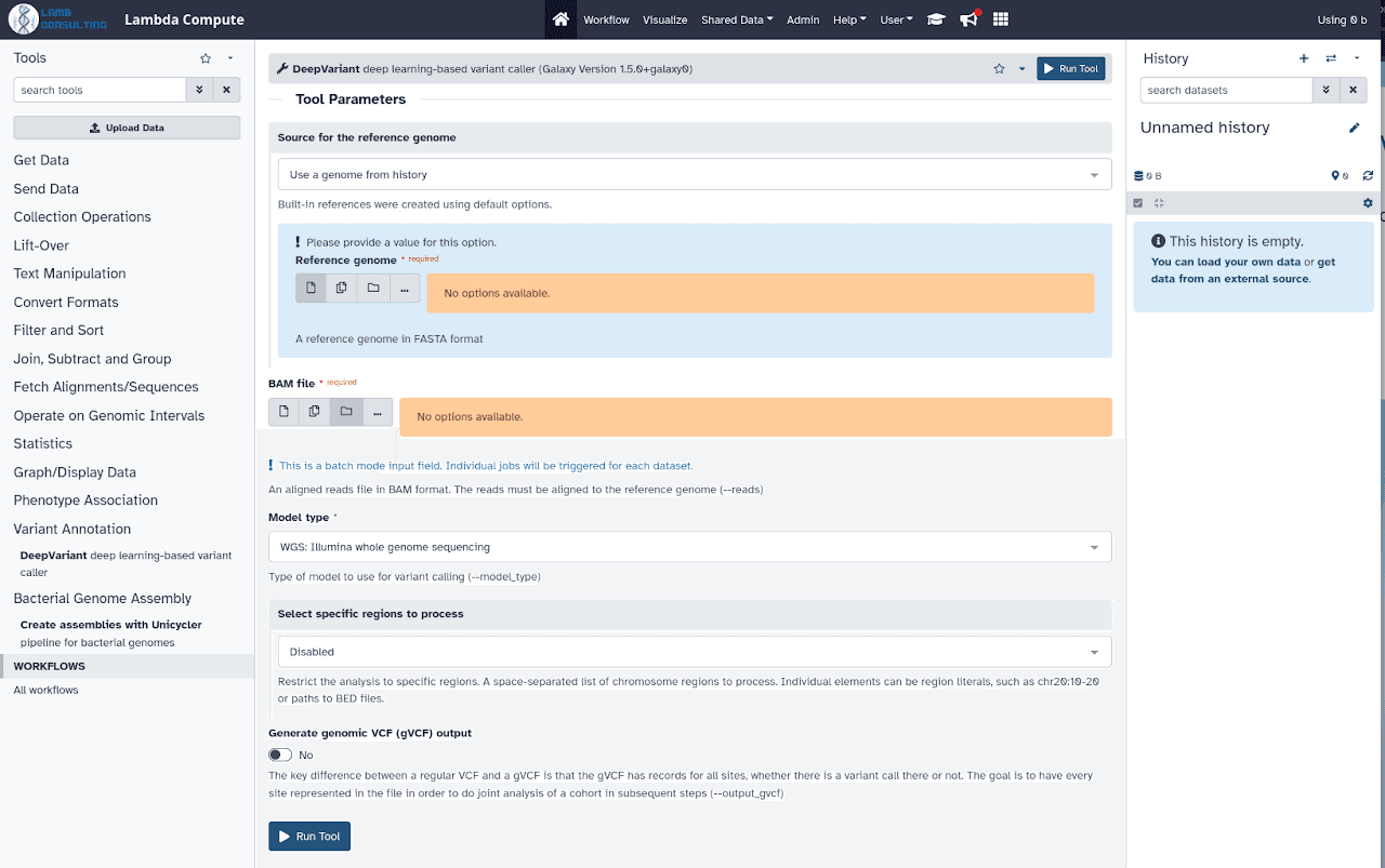 Galaxy server interface running DeepVariant on Lambda Compute