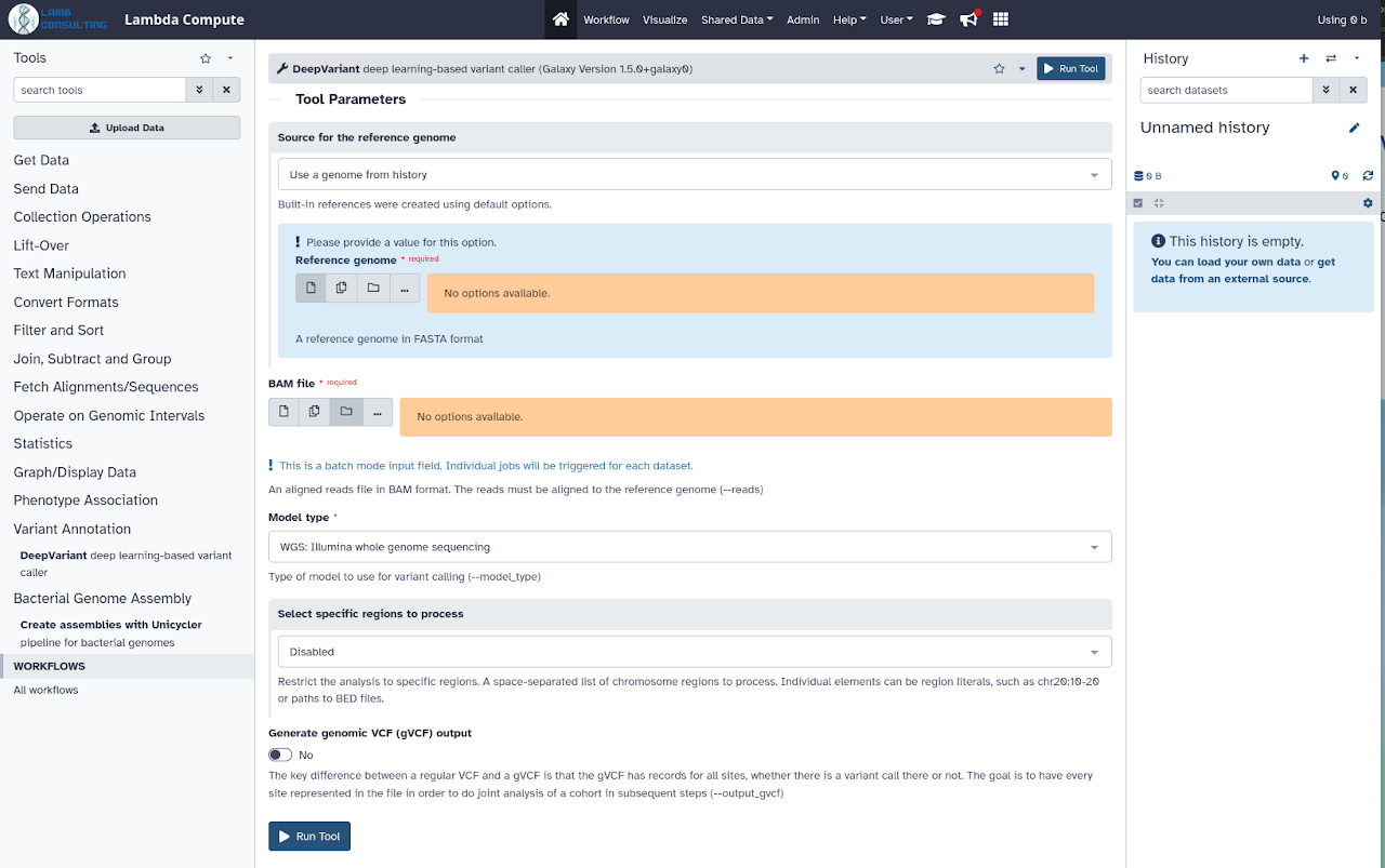 Galaxy server interface running DeepVariant on Lambda Compute